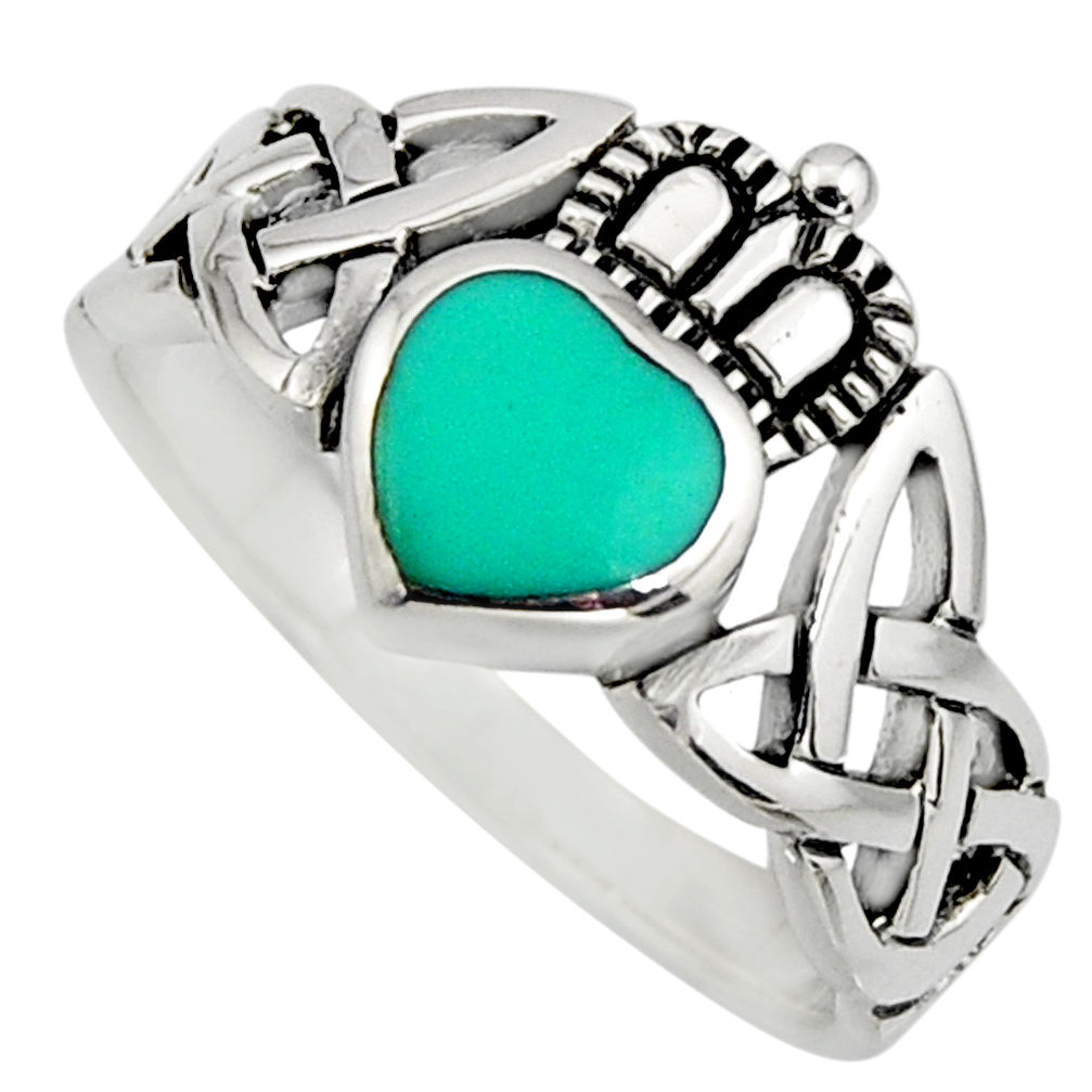 925 silver irish crown claddagh fine green turquoise heart ring size 6.5 c8413