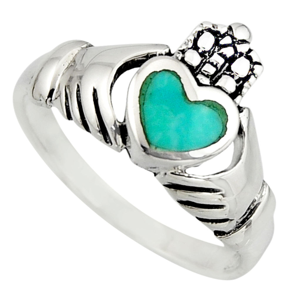 Irish crown claddagh natural turquoise 925 silver heart ring size 7.5 c8414