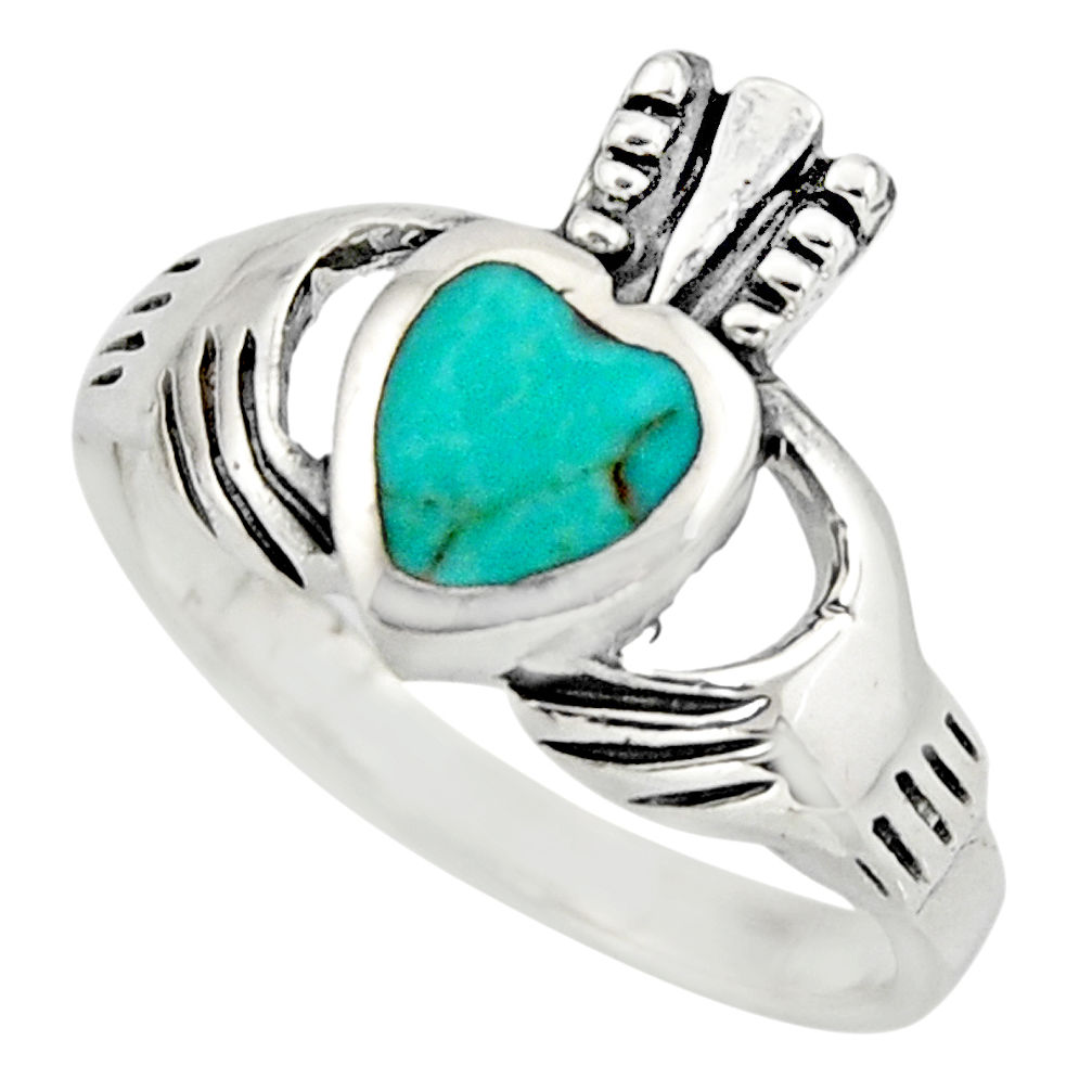 Irish crown claddagh fine green turquoise 925 silver heart ring size 7.5 c8417