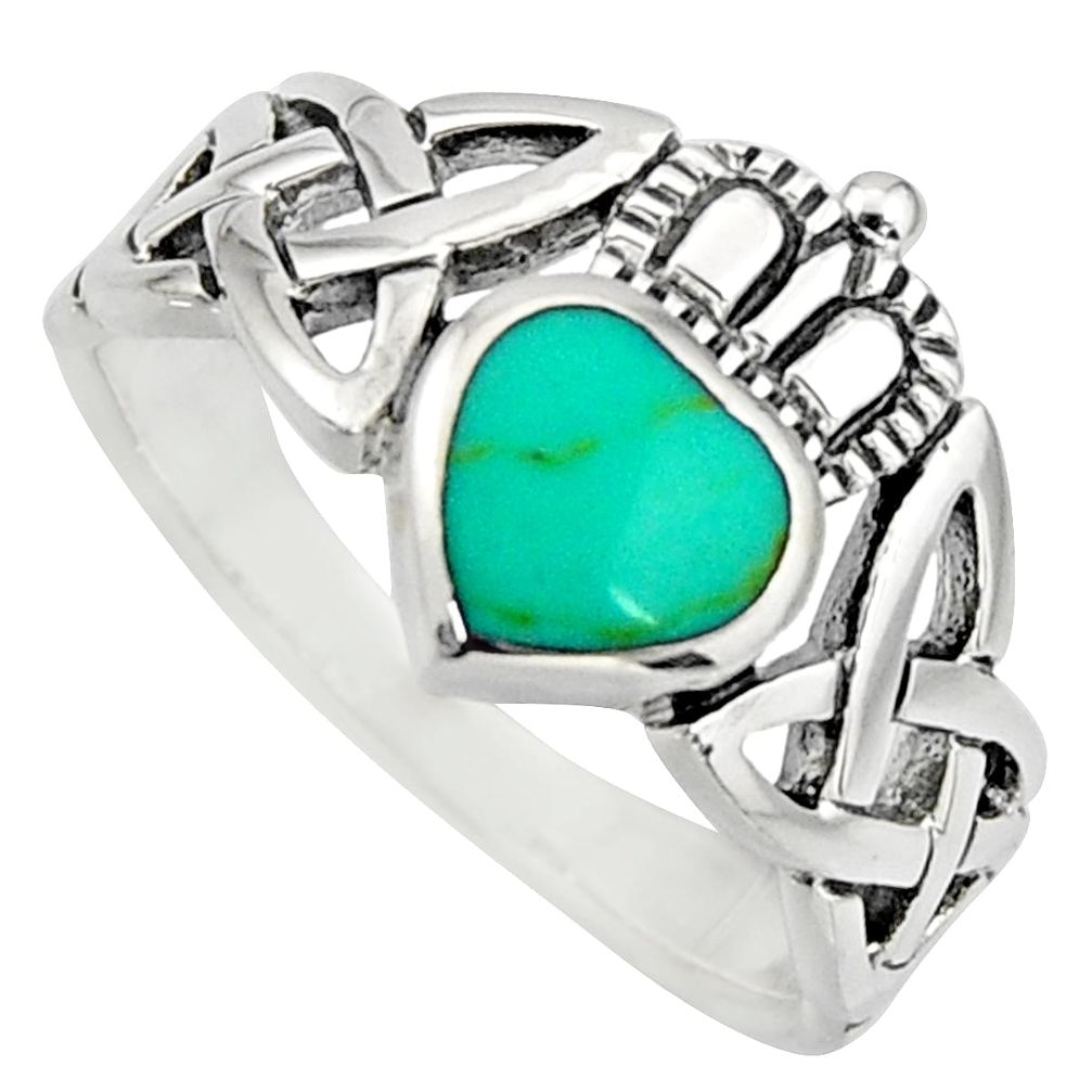 925 silver irish crown claddagh fine green turquoise heart ring size 5.5 c8419