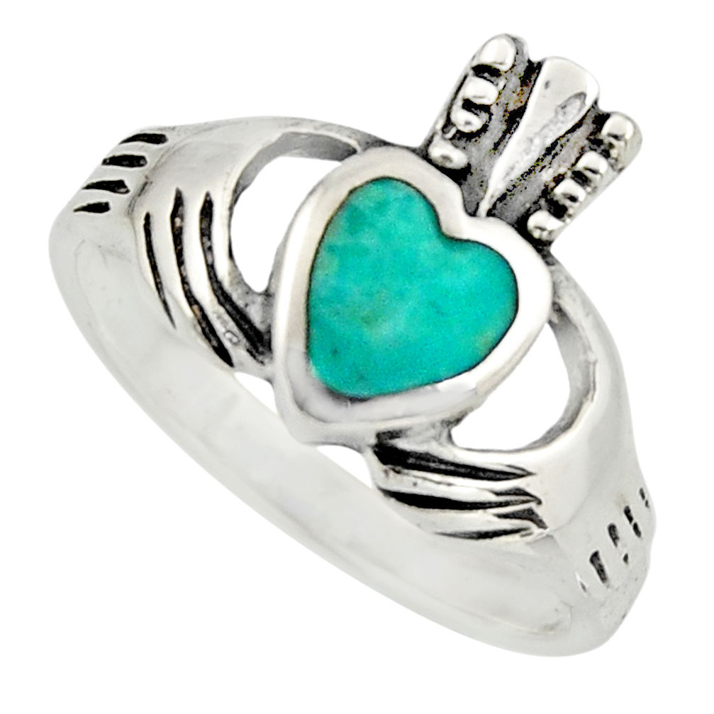 Irish crown claddagh fine green turquoise 925 silver heart ring size 7.5 c8420