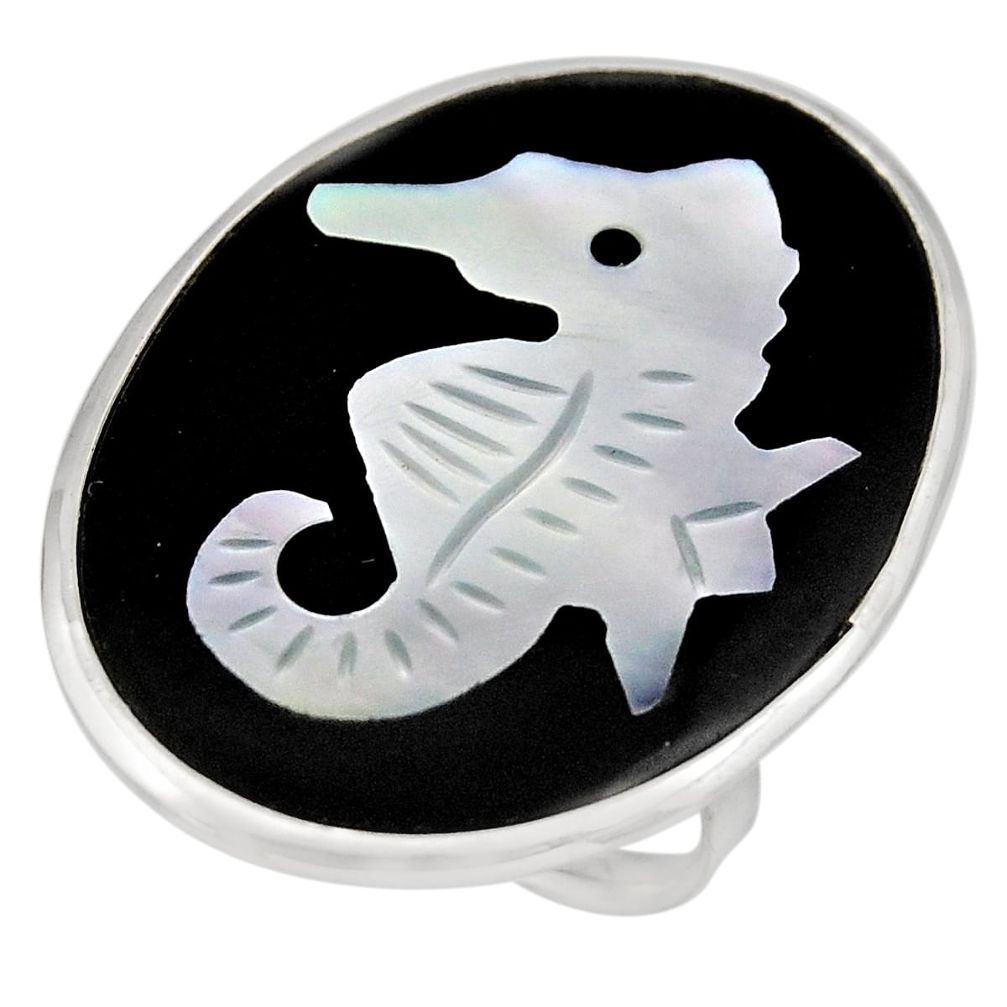 11.20cts natural cameo on shell 925 silver seahorse solitaire ring size 8 c8443