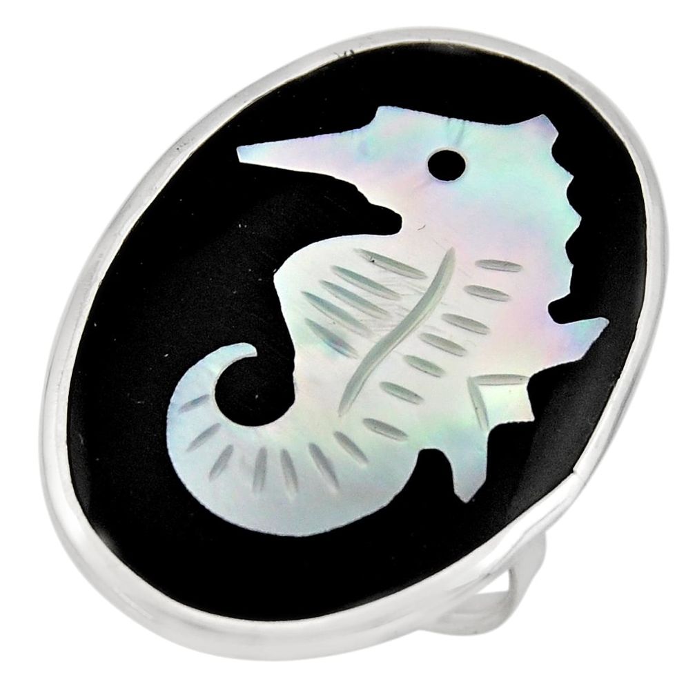 13.15cts natural cameo on shell 925 silver seahorse solitaire ring size 9 c8444
