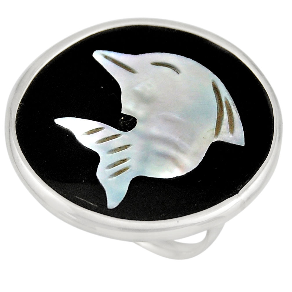 925 silver 12.18cts natural cameo on shell dolphin solitaire ring size 7 c8445