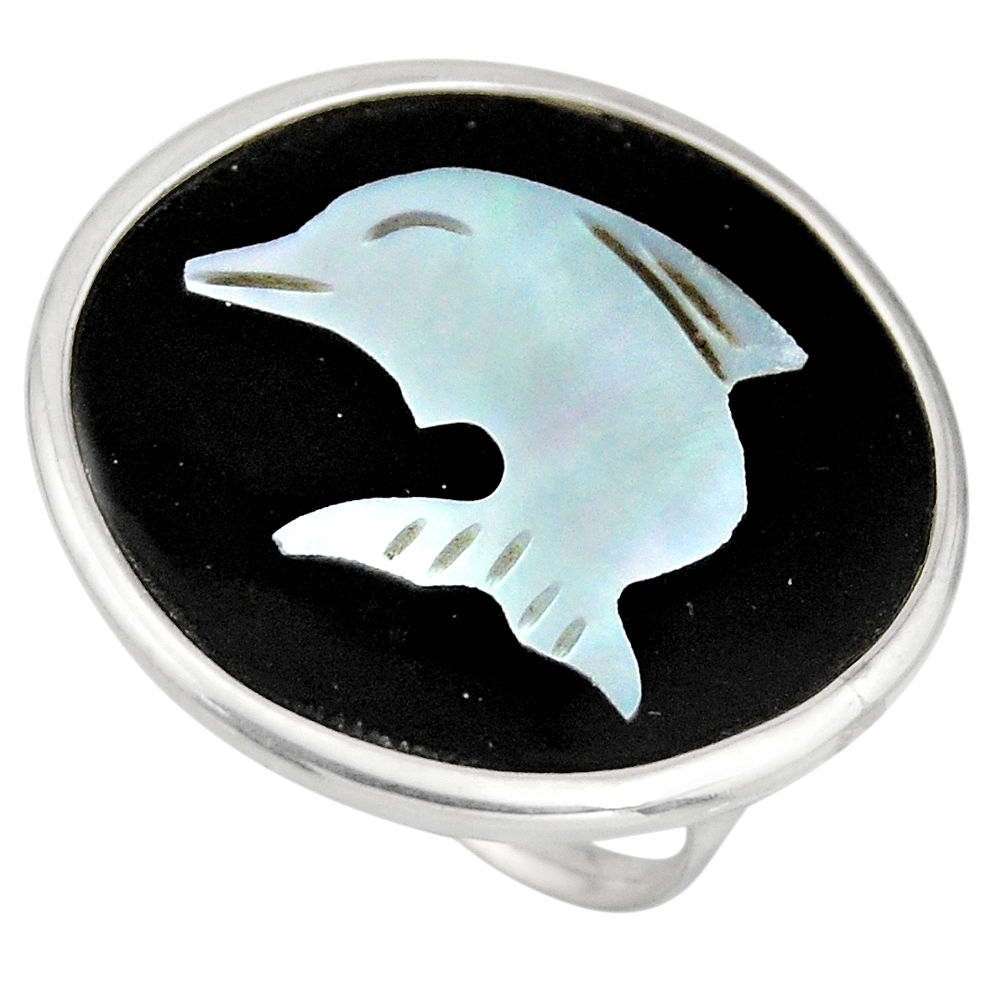 11.73cts natural cameo on shell 925 silver dolphin solitaire ring size 6 c8446