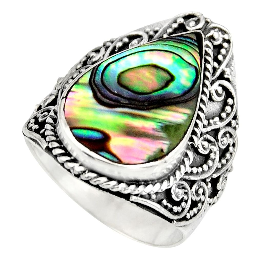 6.31cts natural green abalone paua seashell silver solitaire ring size 7 c8453