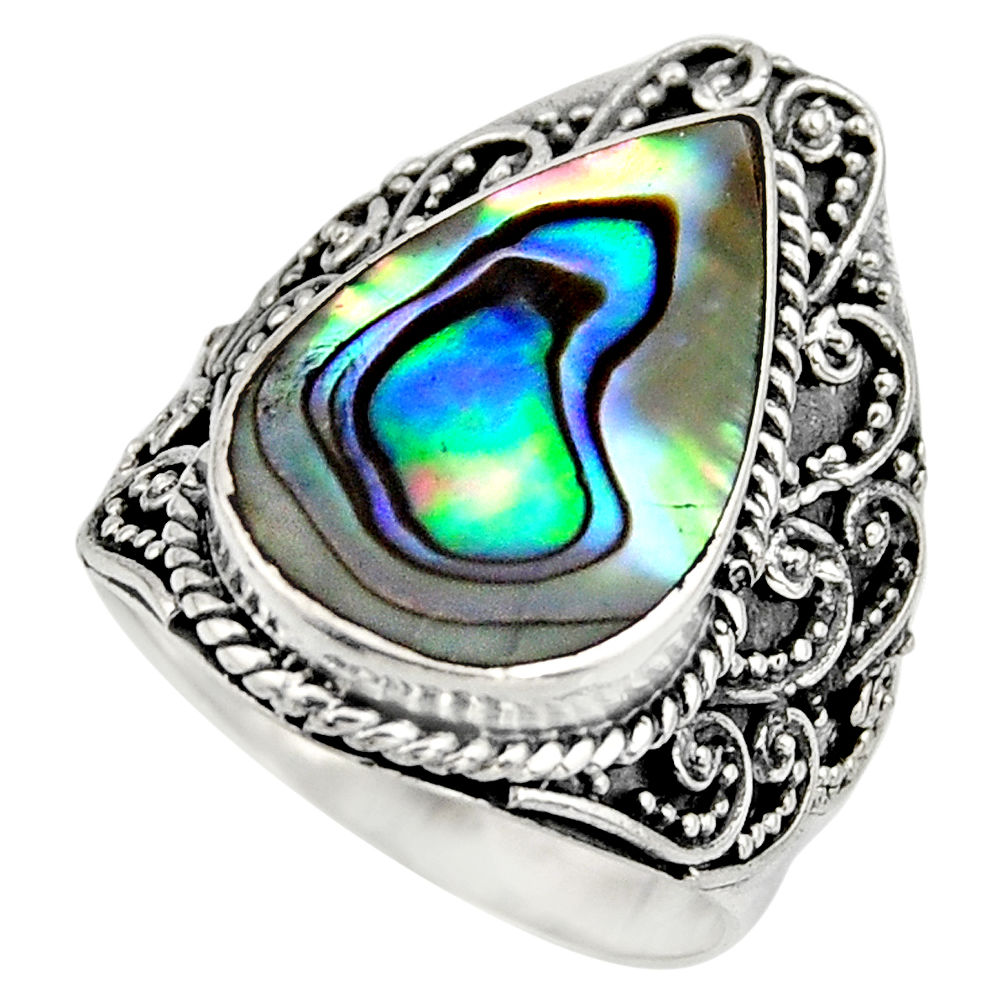 6.31cts natural abalone paua seashell 925 silver solitaire ring size 7 c8454