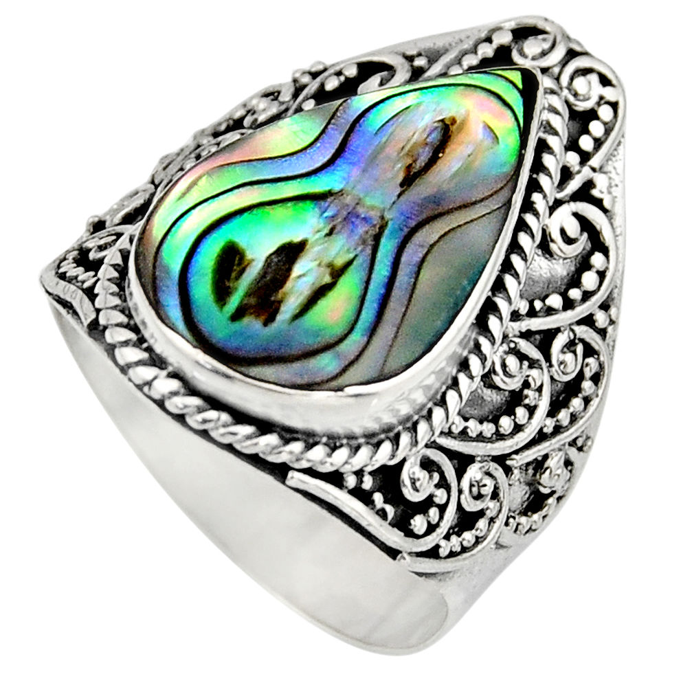 6.09cts natural green abalone paua seashell silver solitaire ring size 8 c8455