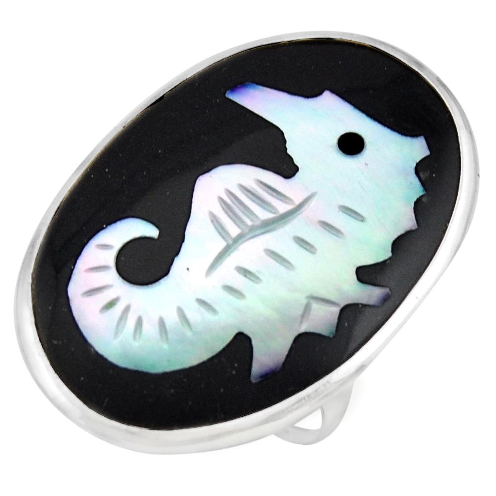 925 sterling silver 12.22cts natural cameo on shell seahorse ring size 7.5 c8478