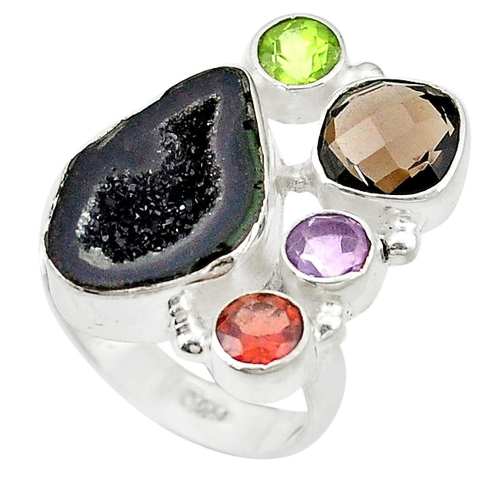 Black druzy smoky topaz garnet 925 sterling silver ring jewelry size 8 d10567