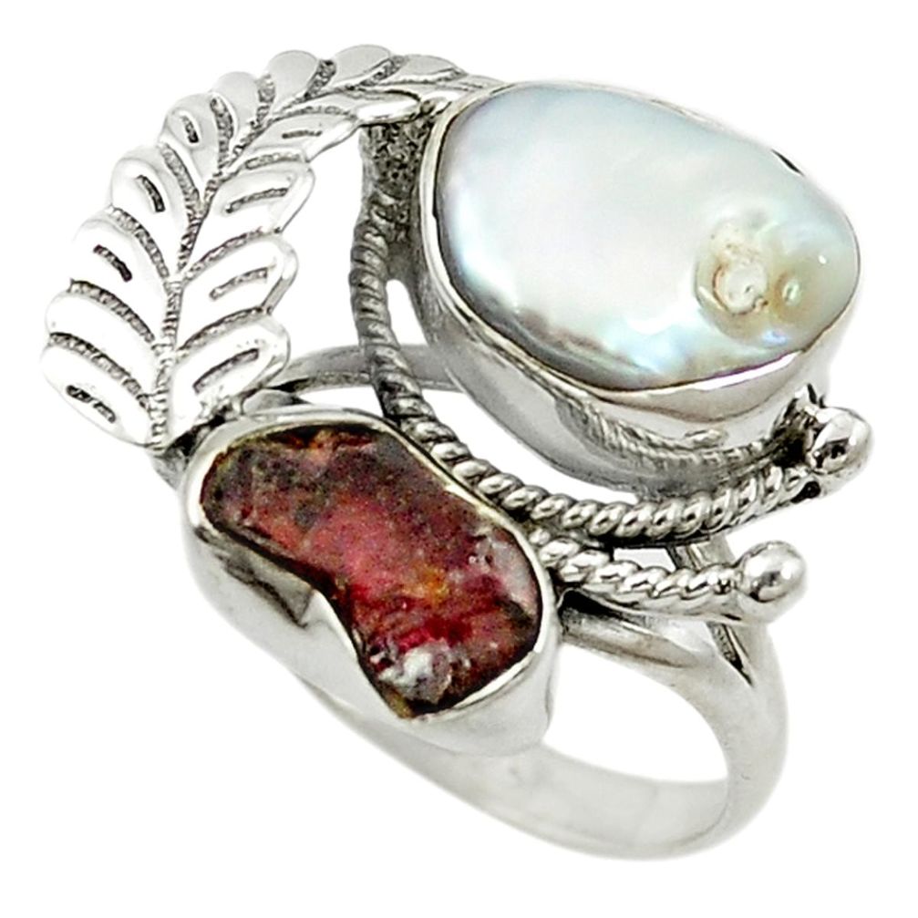 925 sterling silver natural white biwa pearl garnet rough ring size 8 d15364