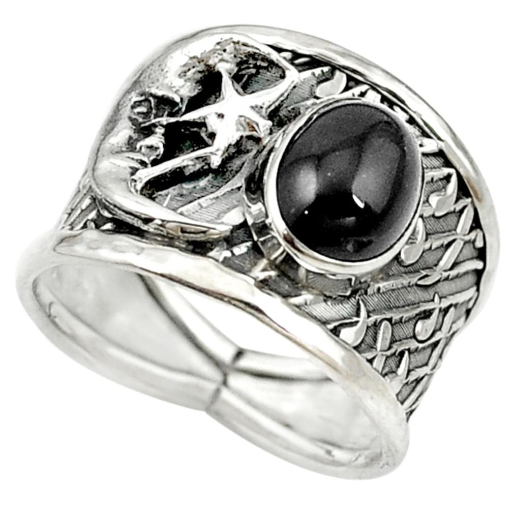 Natural rainbow obsidian eye 925 silver crescent moon star ring size 8.5 d16971