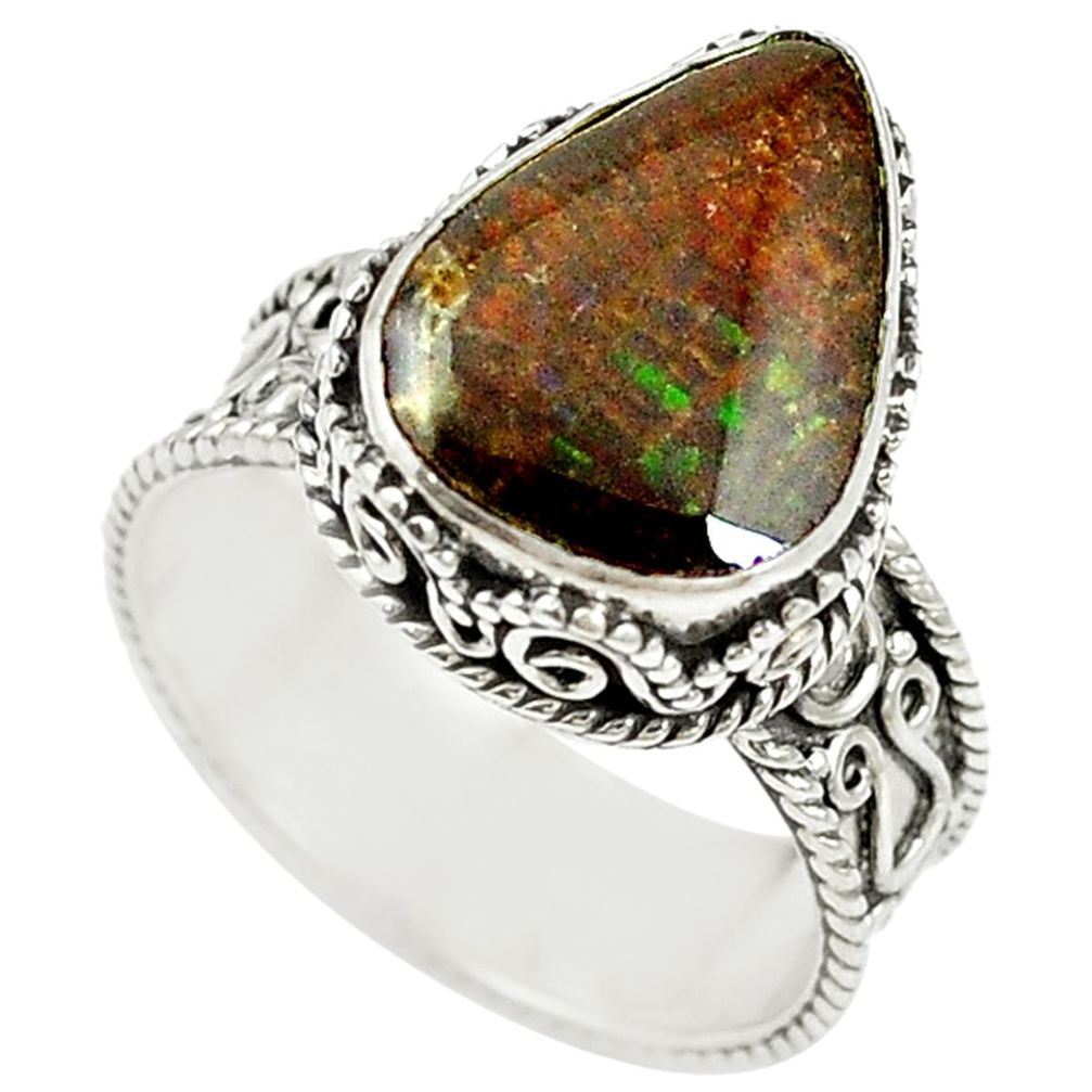 Natural multi color ammolite (canadian) 925 silver ring size 9 d16979