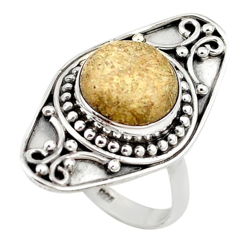 Yellow fossil coral (agatized) petoskey stone 925 silver ring size 7 d18386
