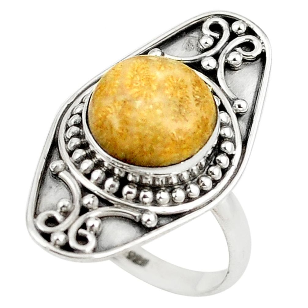 Yellow fossil coral (agatized) petoskey stone 925 silver ring size 8 d18392