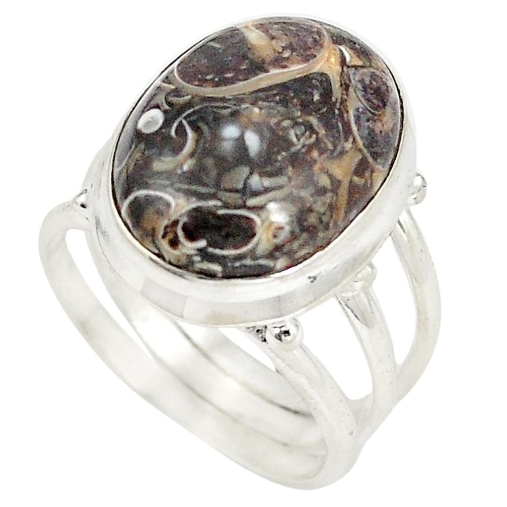 Natural brown turritella fossil snail agate 925 silver ring size 7.5 d20751