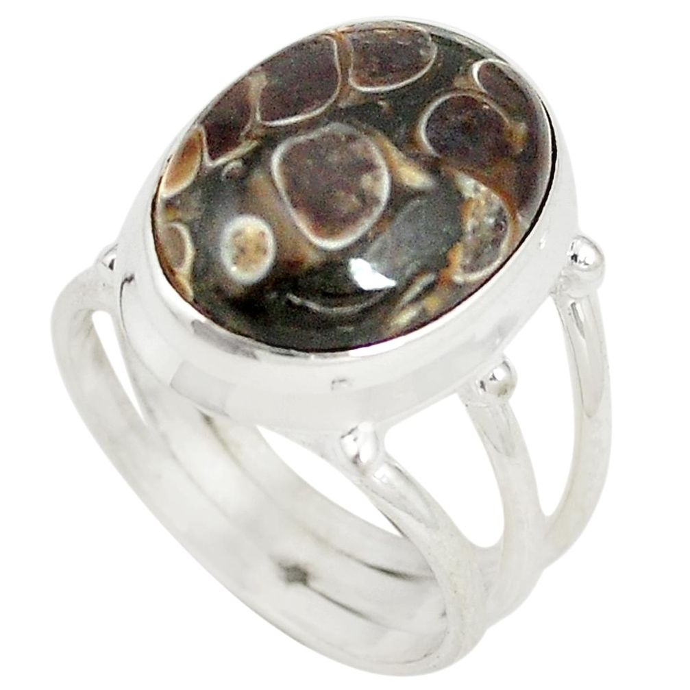 Natural brown turritella fossil snail agate 925 silver ring size 8 d20752