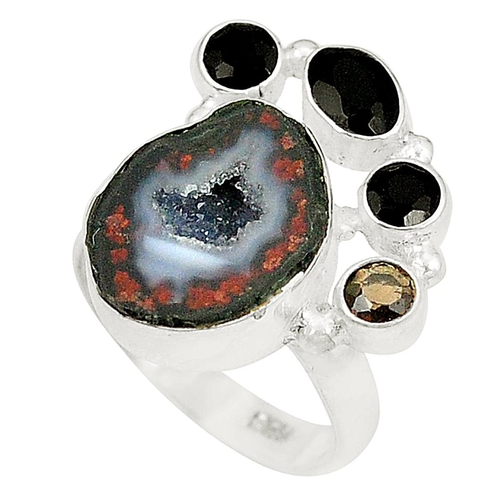 Natural brown geode druzy smoky topaz 925 silver ring size 7 d23791