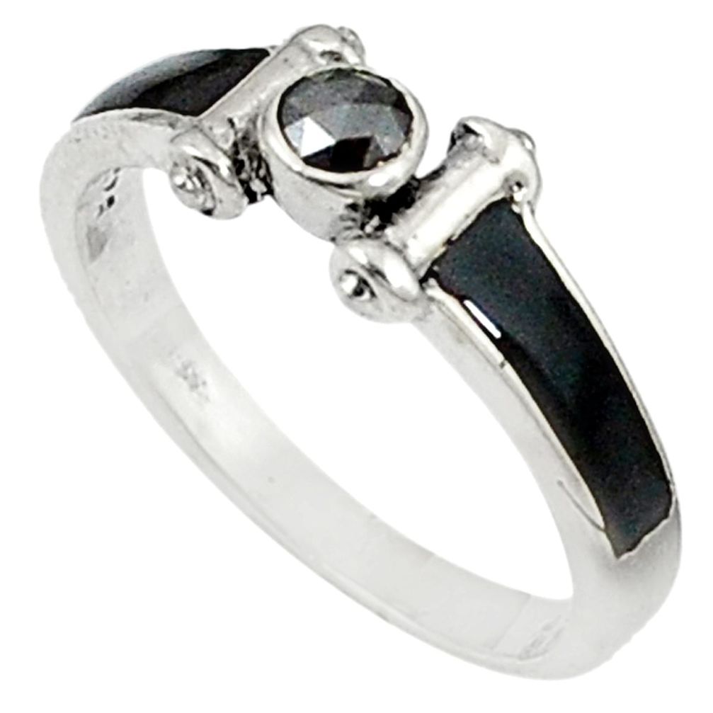 0.28cts natural black diamond black enamel 925 sterling silver ring size 8 d5654