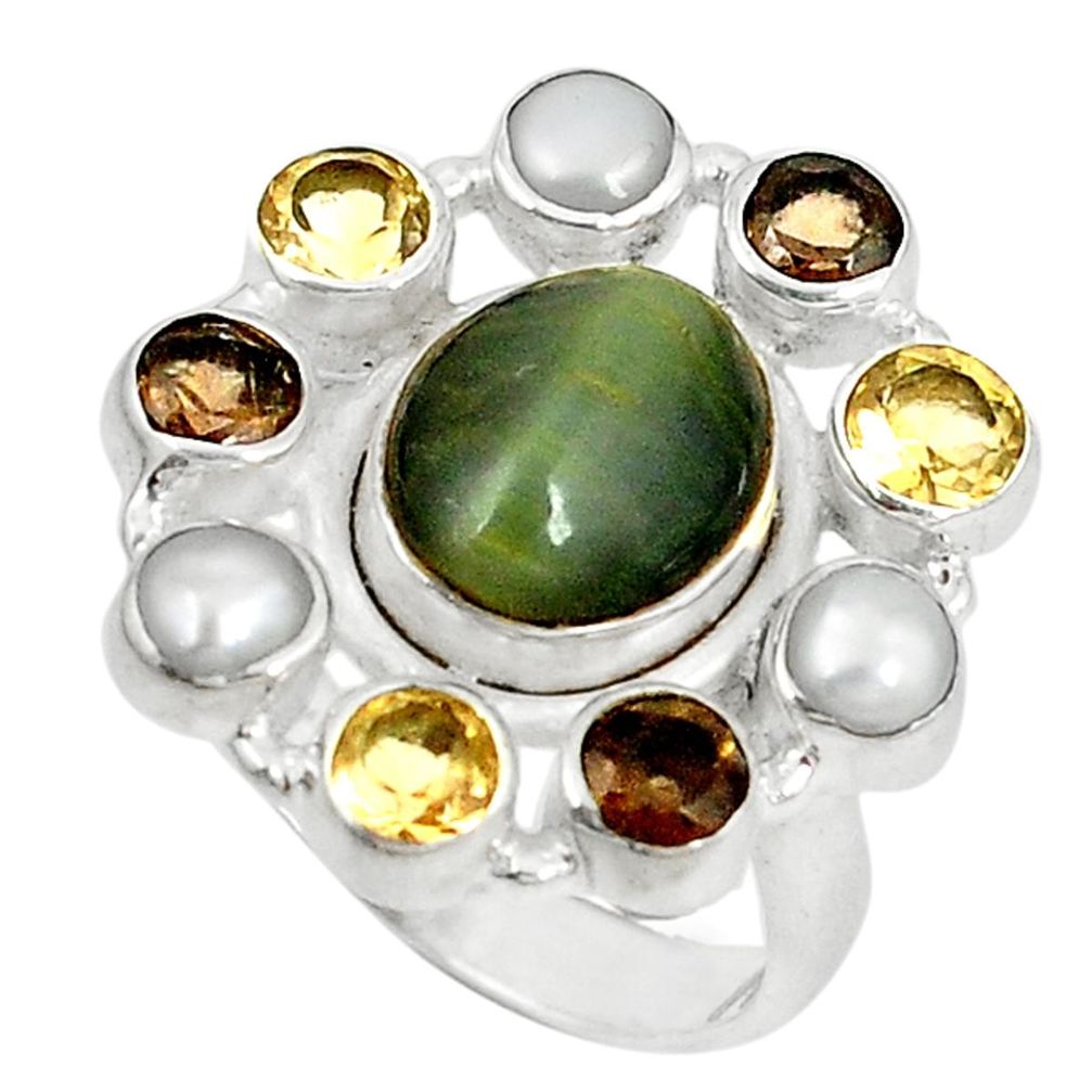 Green cats eye smoky topaz pearl citrine 925 sterling silver ring size 7 d6021