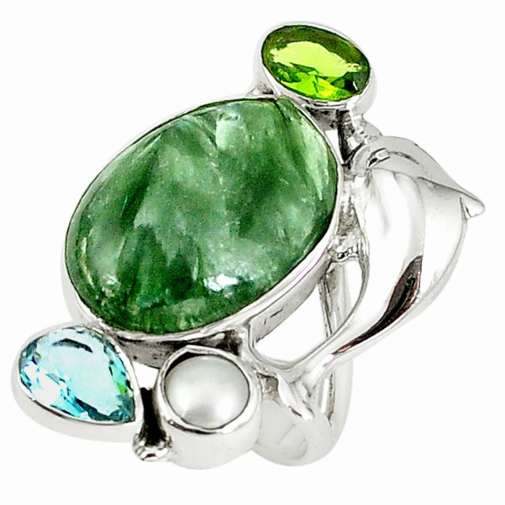 Natural green seraphinite (russian) peridot 925 silver ring size 6.5 d8008