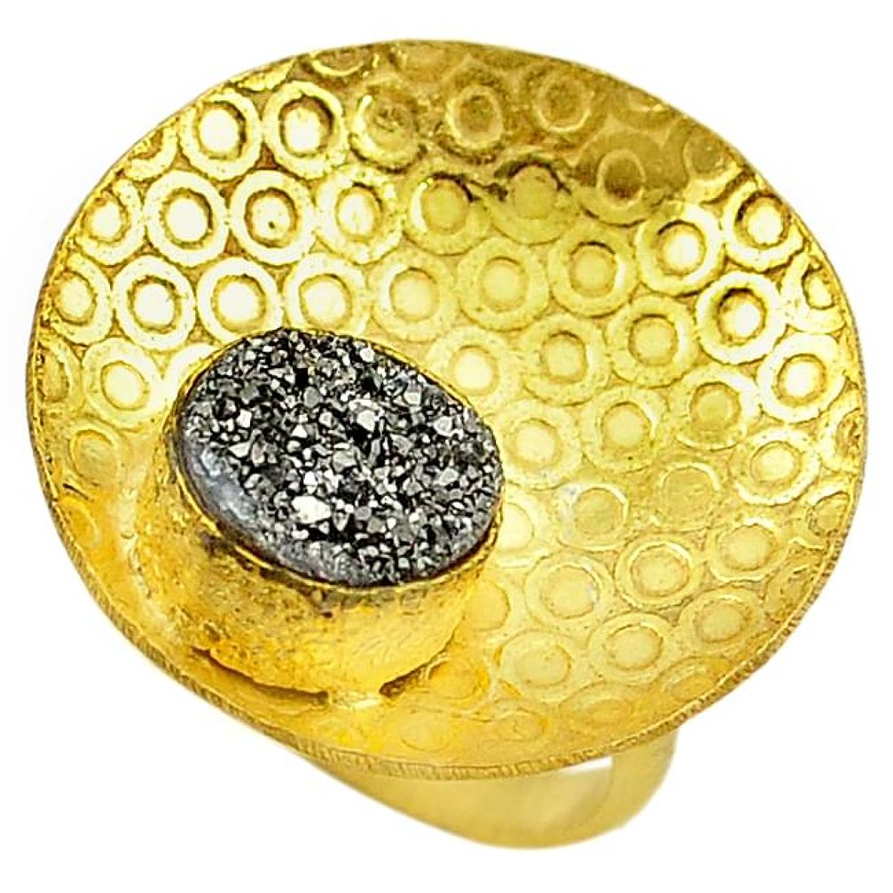 Silver druzy round shape 14k gold over brass ring jewelry size 6 f1626