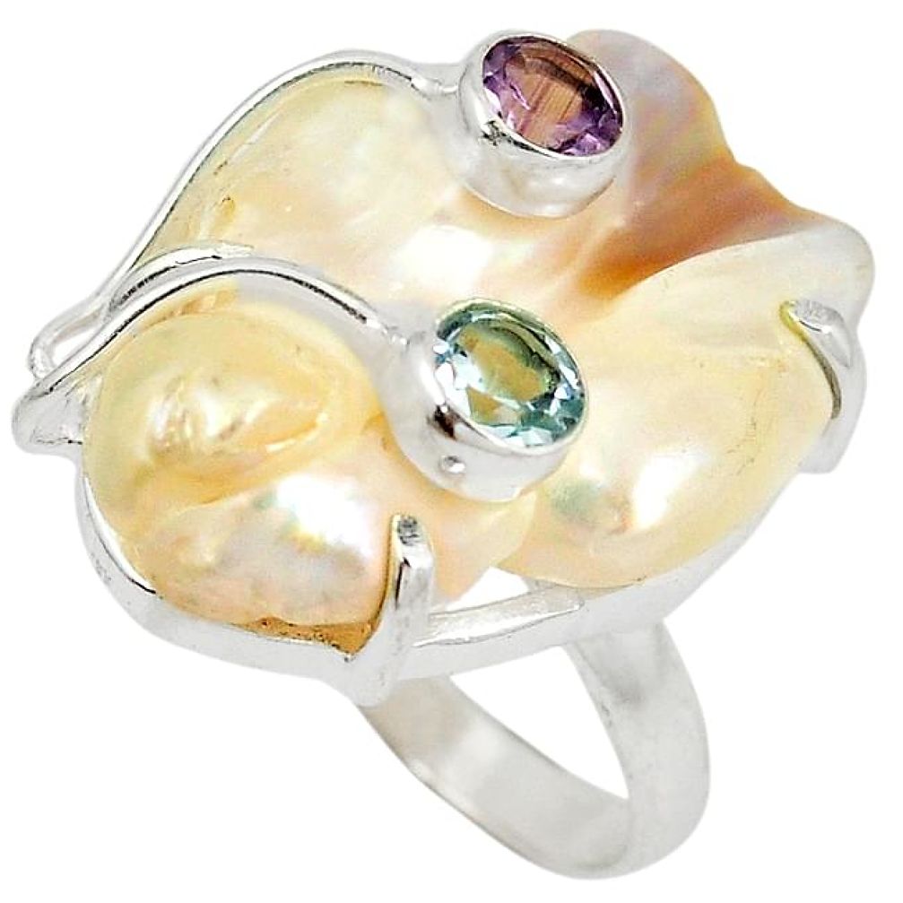 Natural white mother of pearl amethyst topaz 925 silver ring size 9 j24053