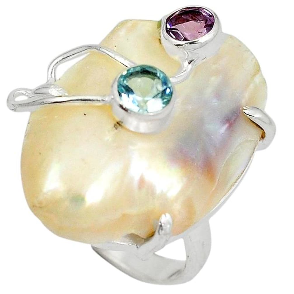 Natural white mother of pearl amethyst topaz 925 silver ring size 9 j24055