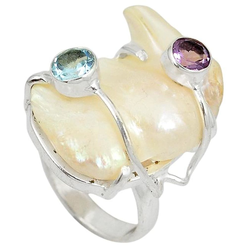 925 silver natural white mother of pearl amethyst topaz ring size 6 j24056