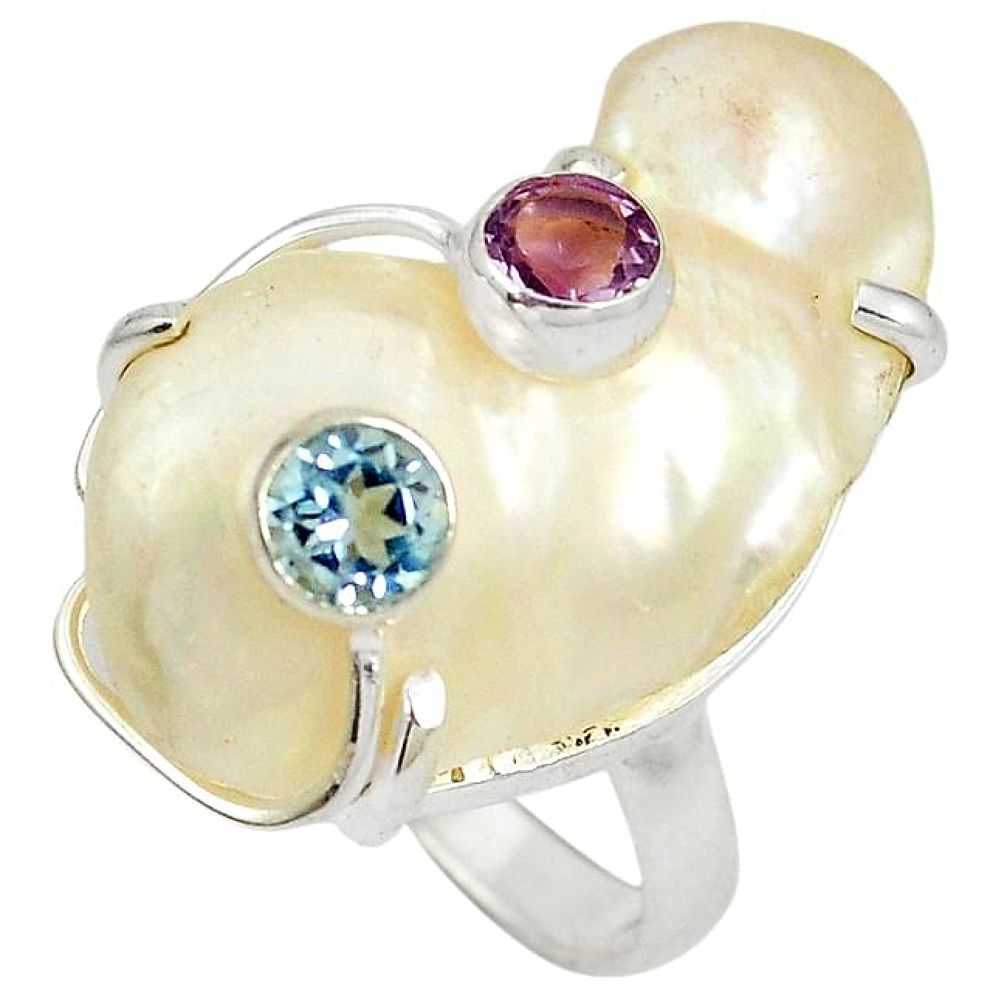 Natural white mother of pearl amethyst topaz 925 silver ring size 7 j24057