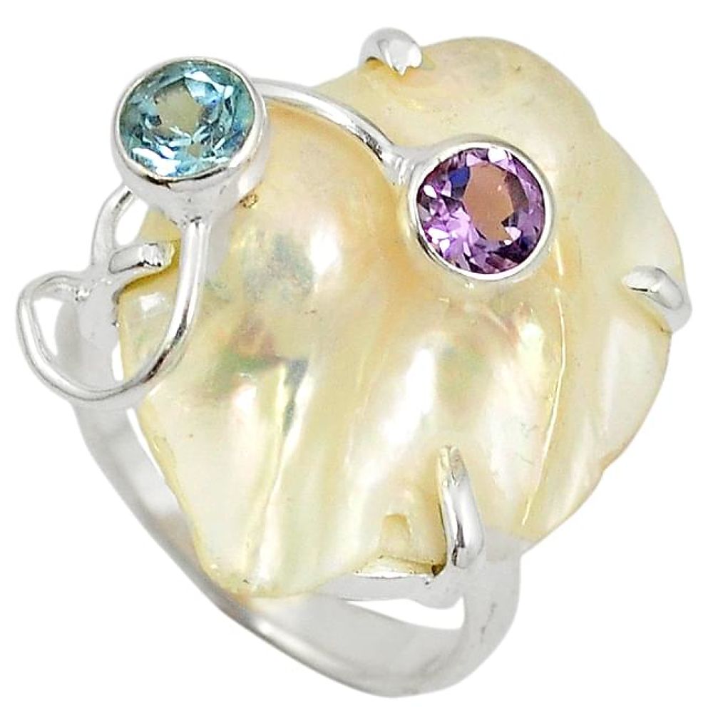 Natural white mother of pearl amethyst topaz 925 silver ring size 8.5 j24058