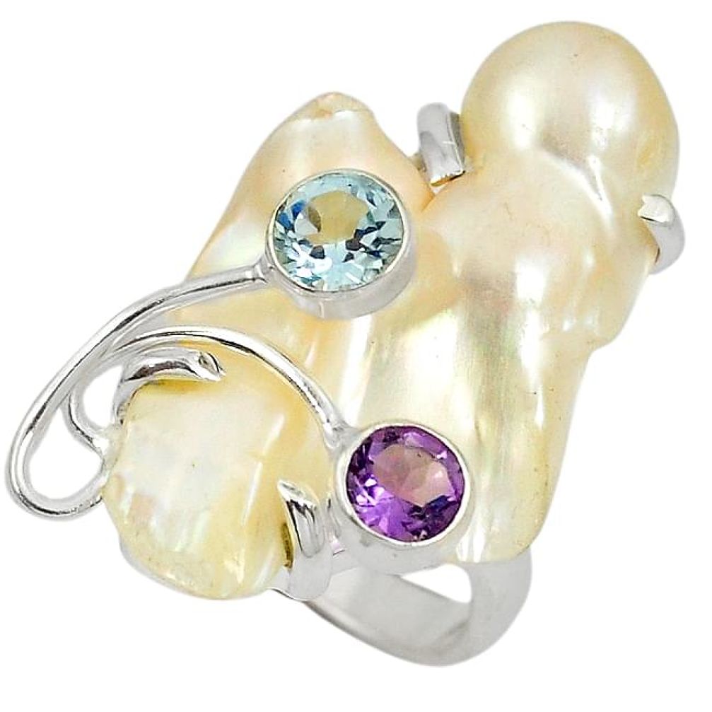 925 silver natural white mother of pearl amethyst topaz ring size 6 j24059