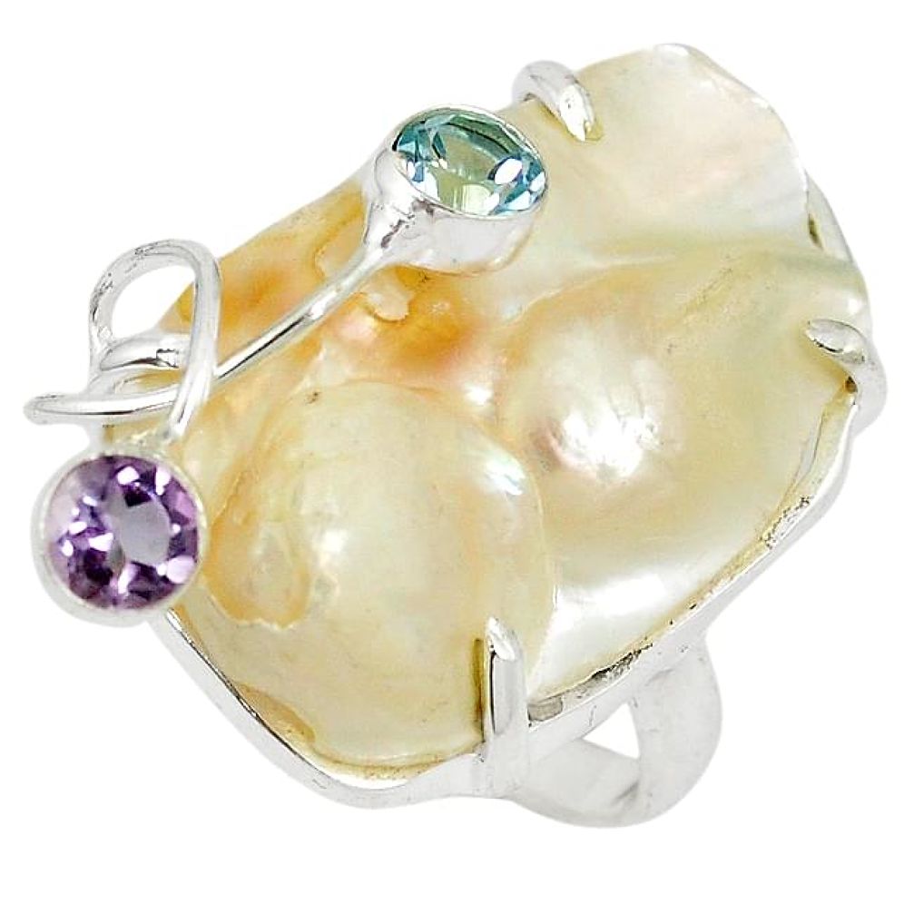 Natural white mother of pearl amethyst 925 sterling silver ring size 8.5 j24060