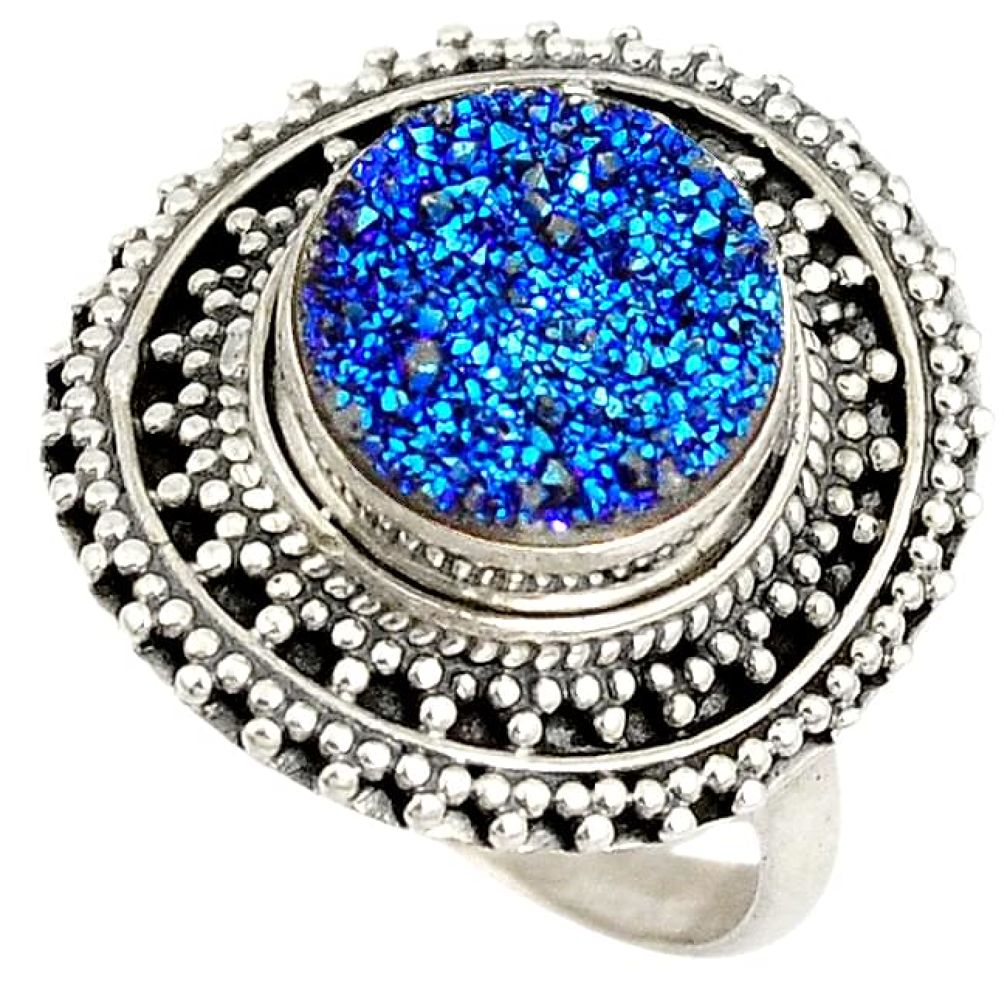 Blue titanium druzy 925 sterling silver solitaire ring jewelry size 7 j27485