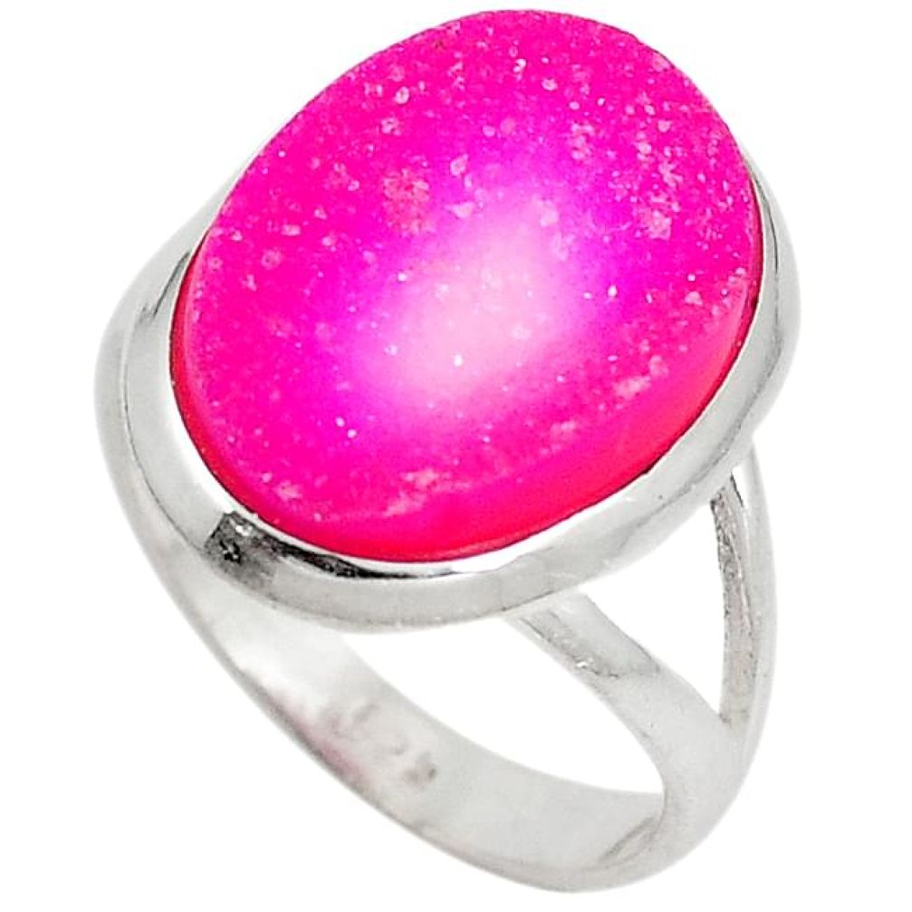 Pink druzy oval shape 925 sterling silver solitaire ring jewelry size 7 j27571