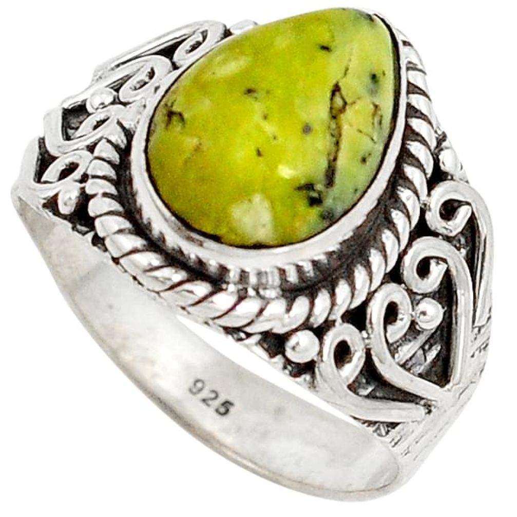 Natural yellow lizardite (meditation stone) pear 925 silver ring size 7 j27646