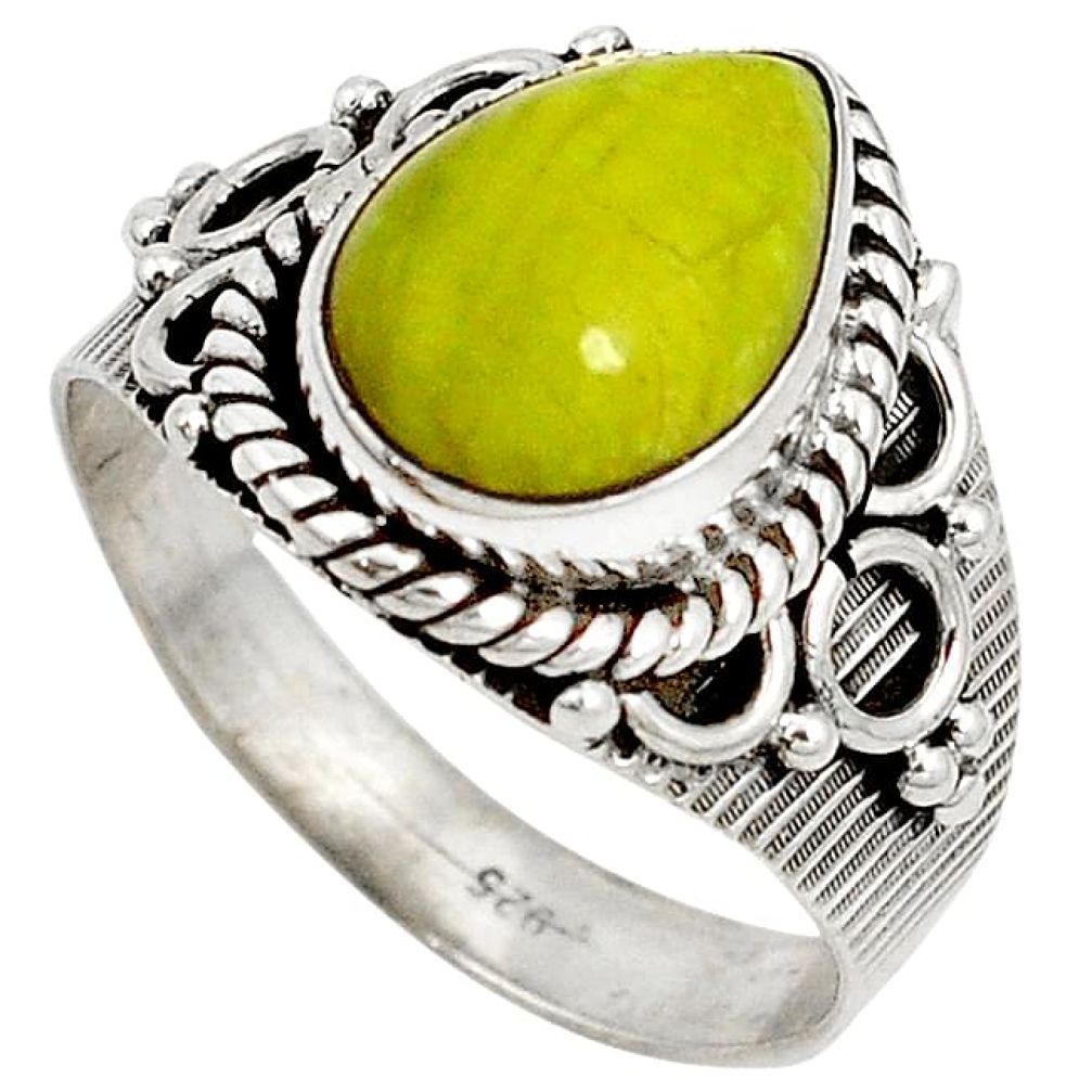 925 silver natural yellow lizardite (meditation stone) pear ring size 8 j27648