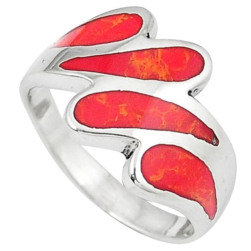 Red sponge coral enamel 925 sterling silver ring jewelry size 9 j43024