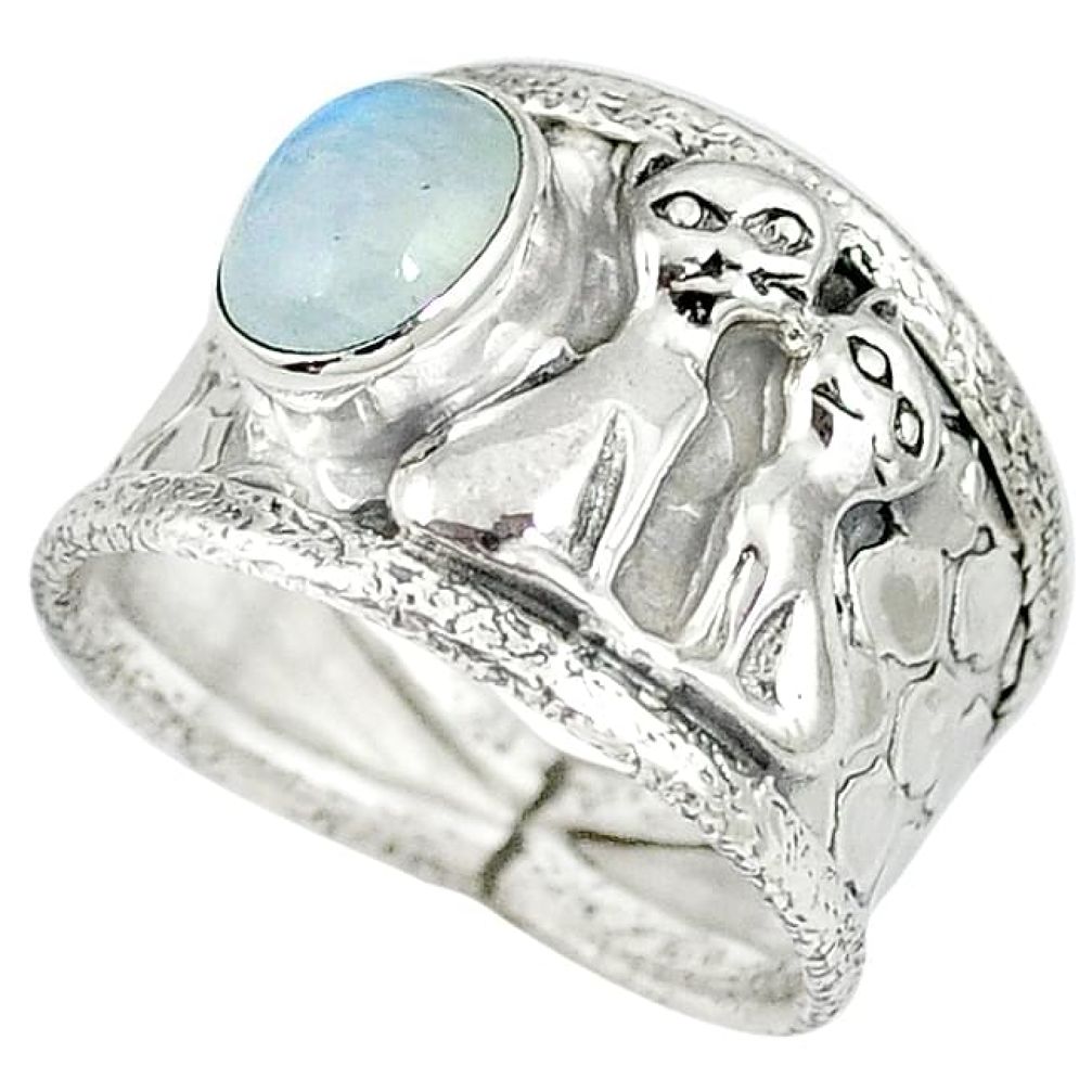 Natural rainbow moonstone 925 sterling silver two cats ring size 7.5 j47990