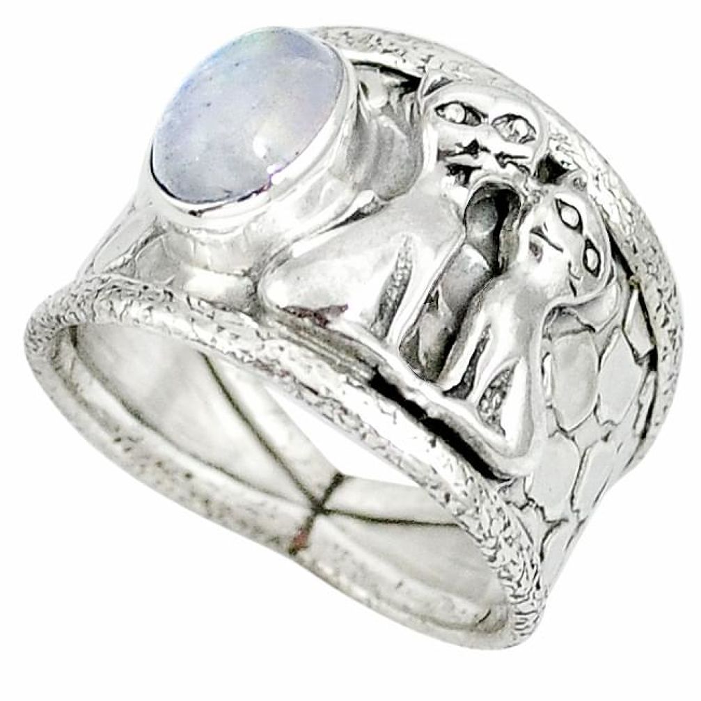 925 silver natural rainbow moonstone two cats ring jewelry size 7.5 j47991