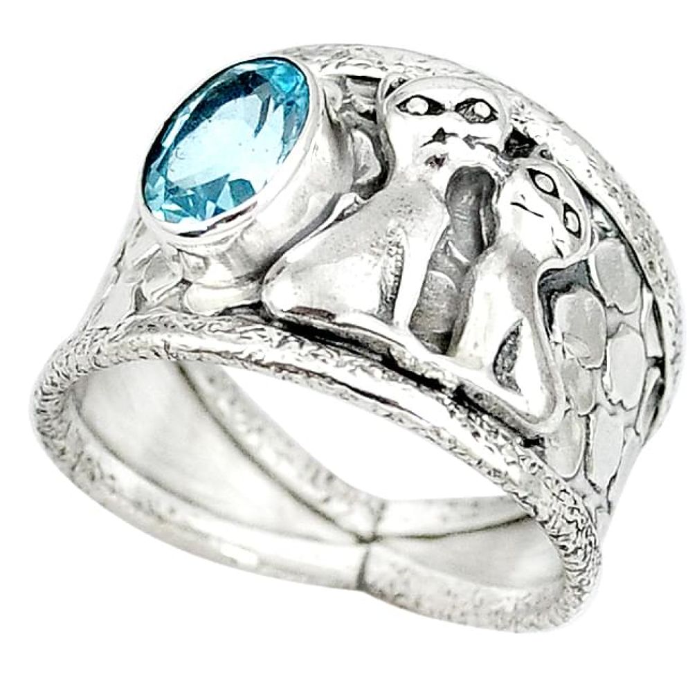 Natural blue topaz 925 sterling silver two cats ring jewelry size 8.5 j47999