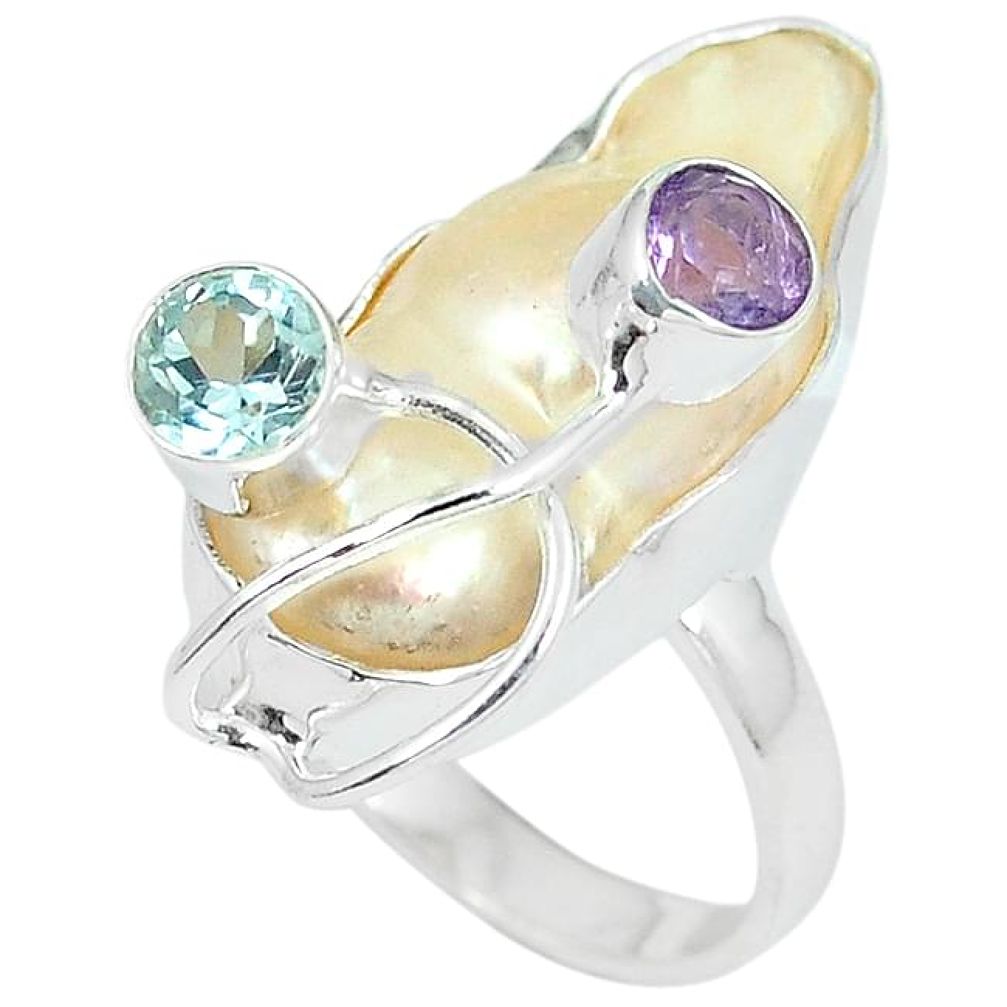 Natural white mother of pearl purple amethyst 925 silver ring size 8.5 k10533