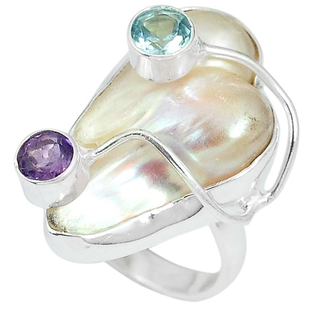 Natural white mother of pearl amethyst 925 silver ring jewelry size 7.5 k10535