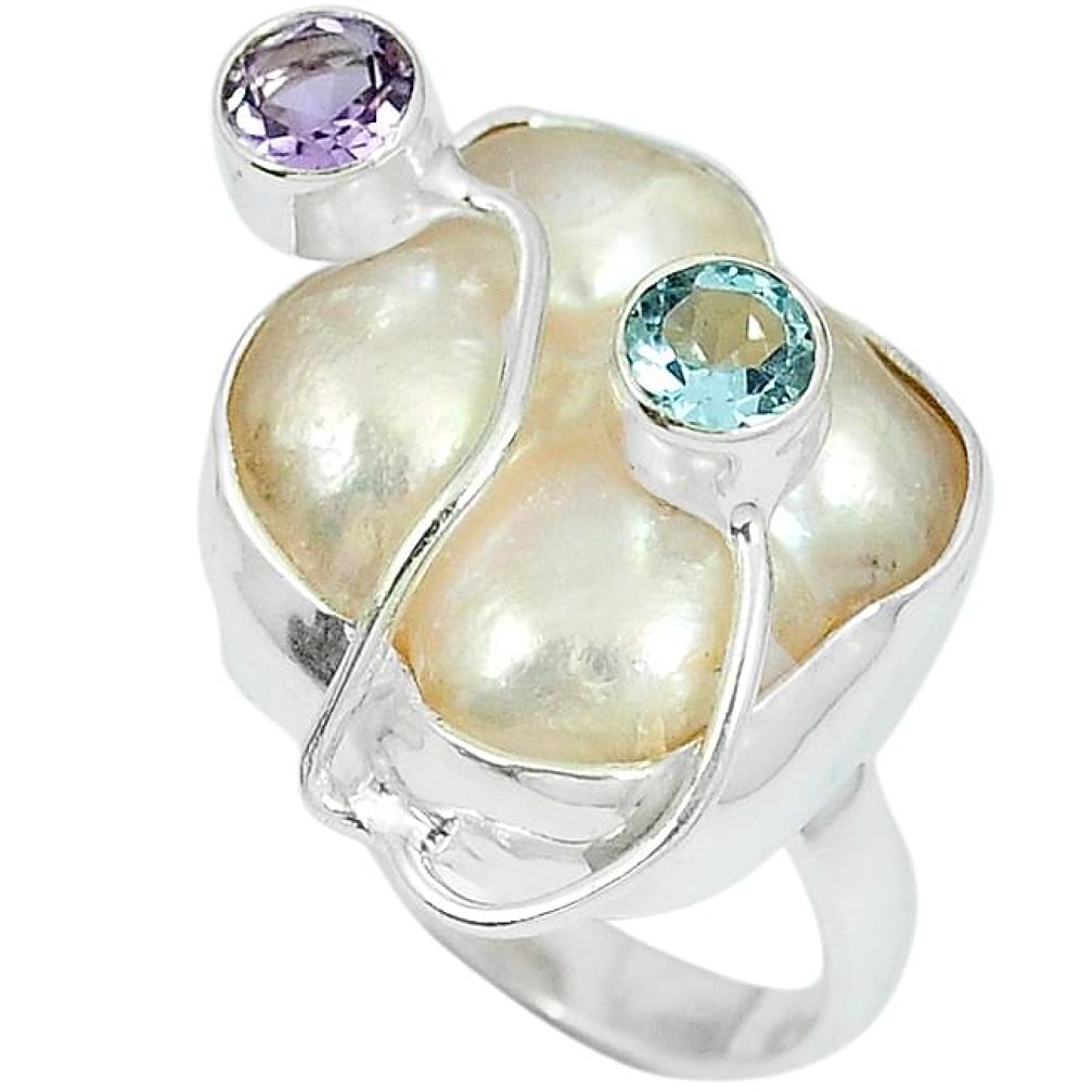 Natural white mother of pearl amethyst 925 sterling silver ring size 7 k10536