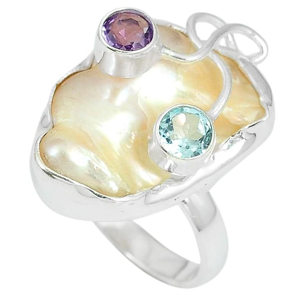 Natural white mother of pearl purple amethyst 925 silver ring size 8 k10538