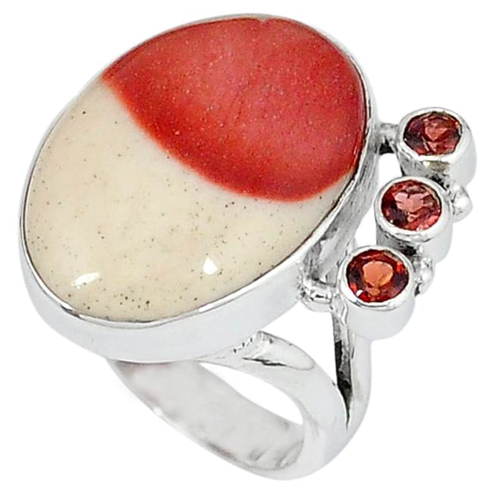 Natural brown mookaite red garnet 925 sterling silver ring size 7.5 k22424