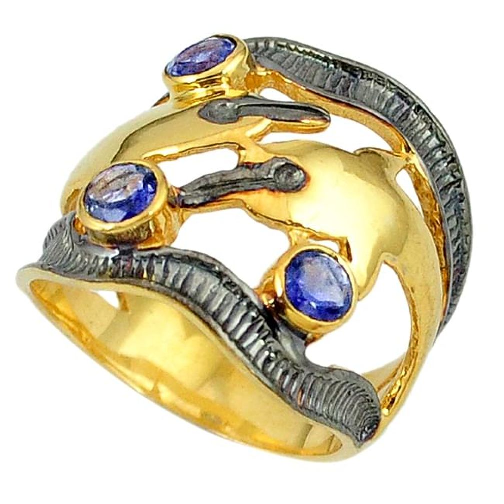 Natural blue iolite black rhodium 925 silver gold dolphin ring size 8 k36181