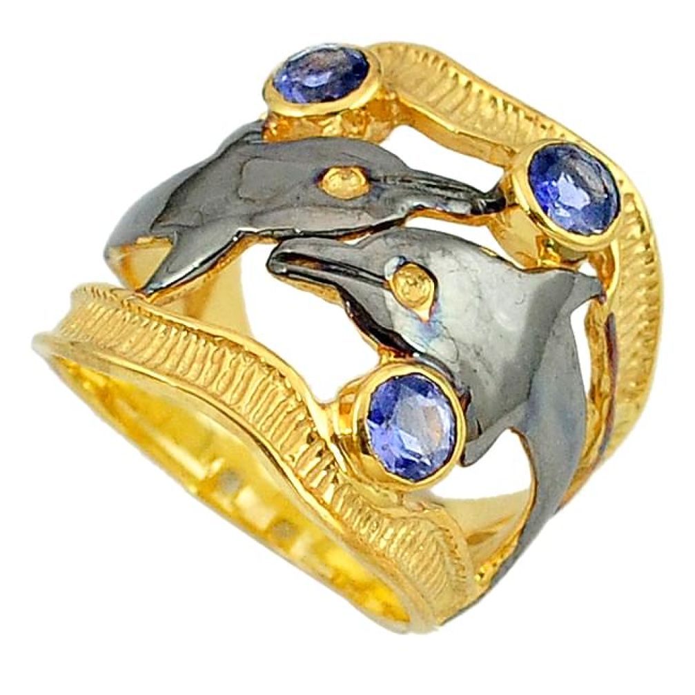 Natural blue iolite black rhodium 925 silver 14k gold dolphin ring size 8 k36186