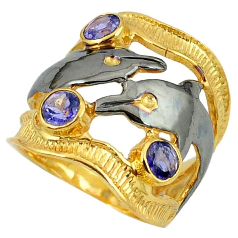 Natural blue iolite black rhodium 925 silver gold dolphin ring size 5.5 k36190