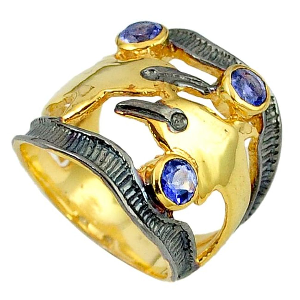 925 silver natural blue iolite black rhodium gold dolphin ring size 6.5 k36194
